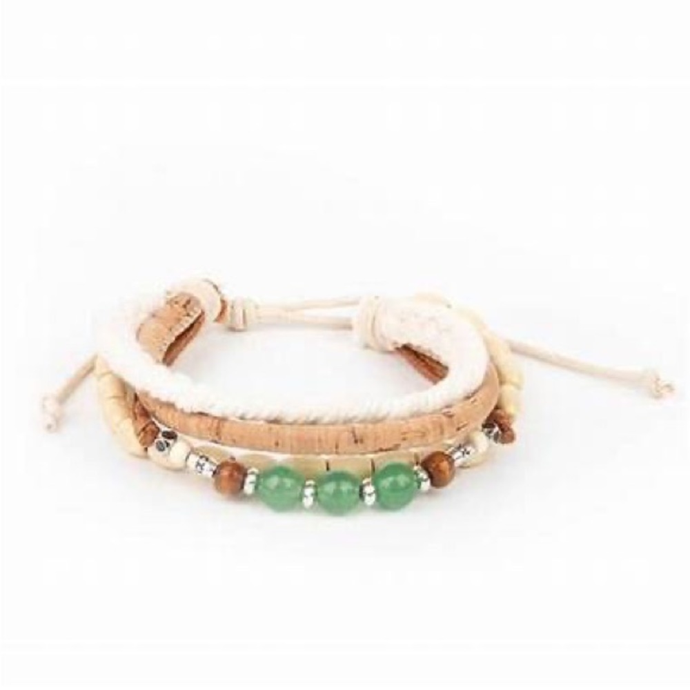Cork, thread, and wood adjustable sliding knot bracelet.